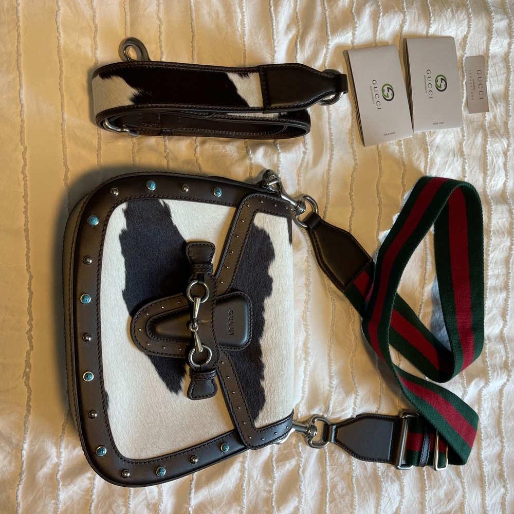 Gucci Black and White Cowhide Bag with Green and Red Strap